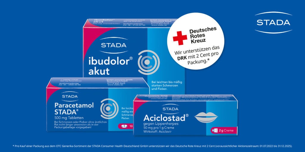 Bild mit 3 unterschiedlich großen Arzneimittelschachteln. Einmal mit PARACETAMOL, IBUDOLOR und Aciclostad gegen Lippenherpes
